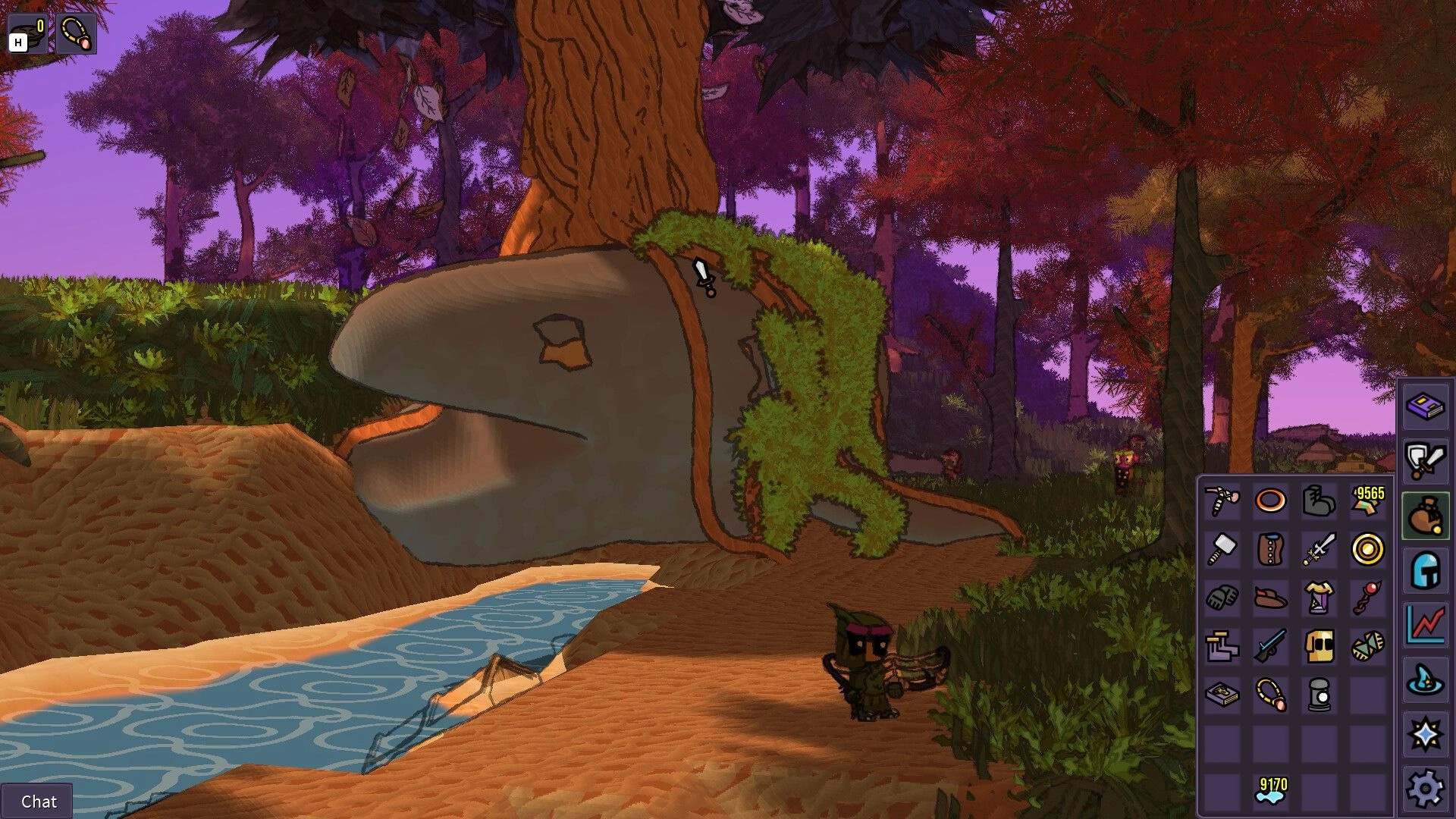 ItsyRealm: Player stands by a river beside a giant mossy fish statue, inventory UI open in forest.