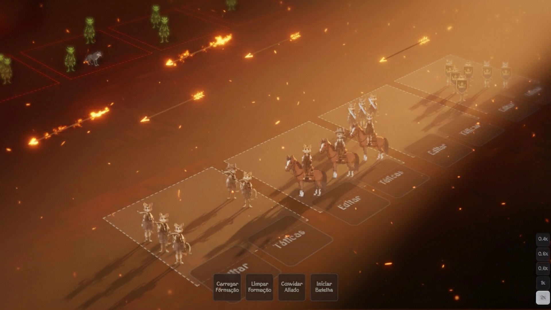 Ivilyn Kingdoms: Tactical cavalry formation facing goblin enemies in a fiery battlefield setting.