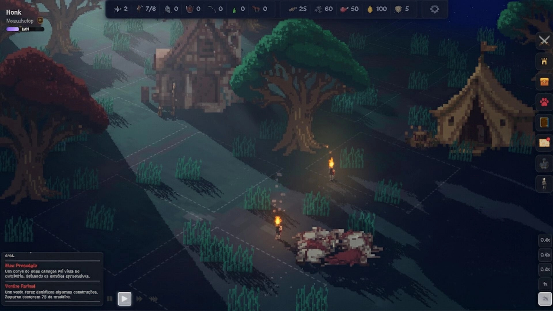 Ivilyn Kingdoms: Nighttime village scene with character, tent, resources, and torch-lit paths visible