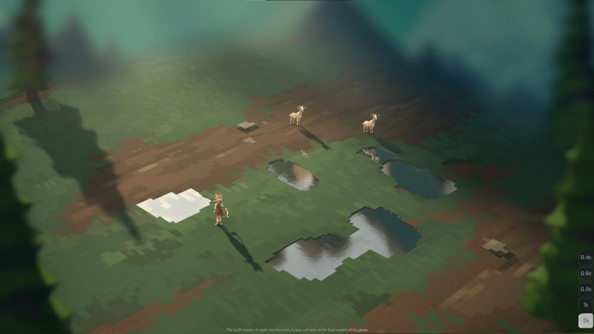 Ivilyn Kingdoms: Lone settler explores a grassy field with puddles and two grazing animals nearby