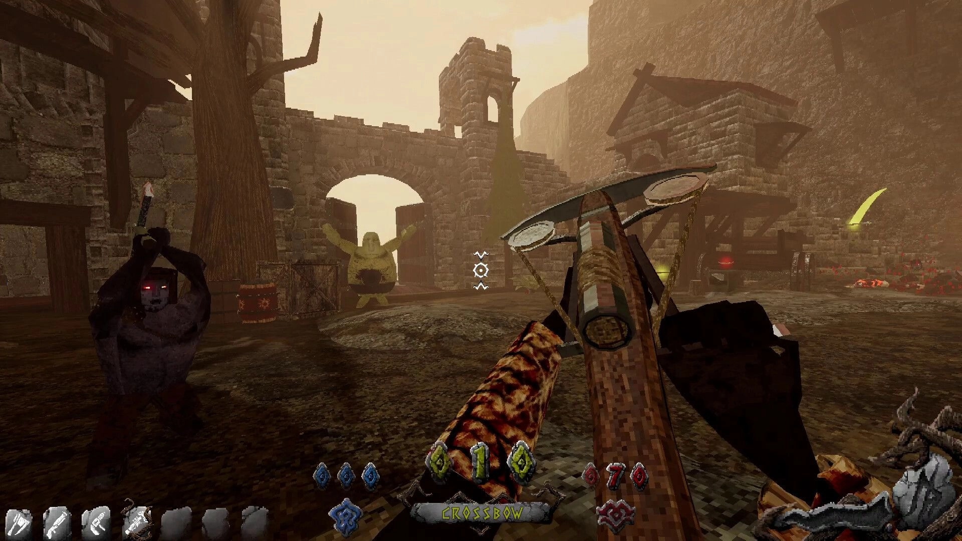 IVOR: Crossbow aimed at undead in ruined stone courtyard with archway, HUD ammo and icons visible.