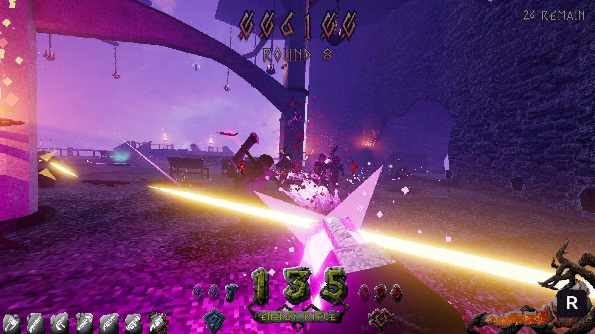 IVOR: Energy Rifle firing a bright beam at enemies in a stone arch arena, Round 8 UI visible.