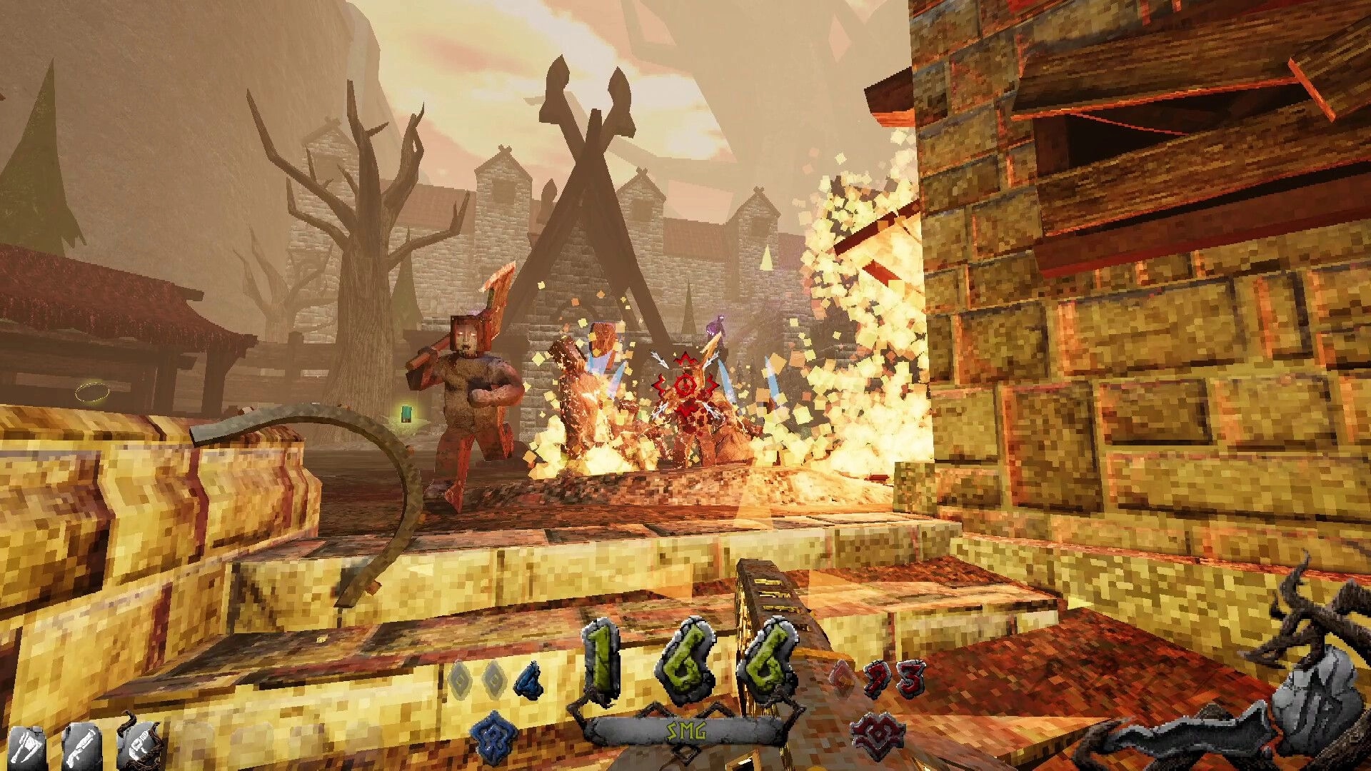 IVOR: First-person gunfight as enemies charge through flames in a stone fortress courtyard with HUD icons.