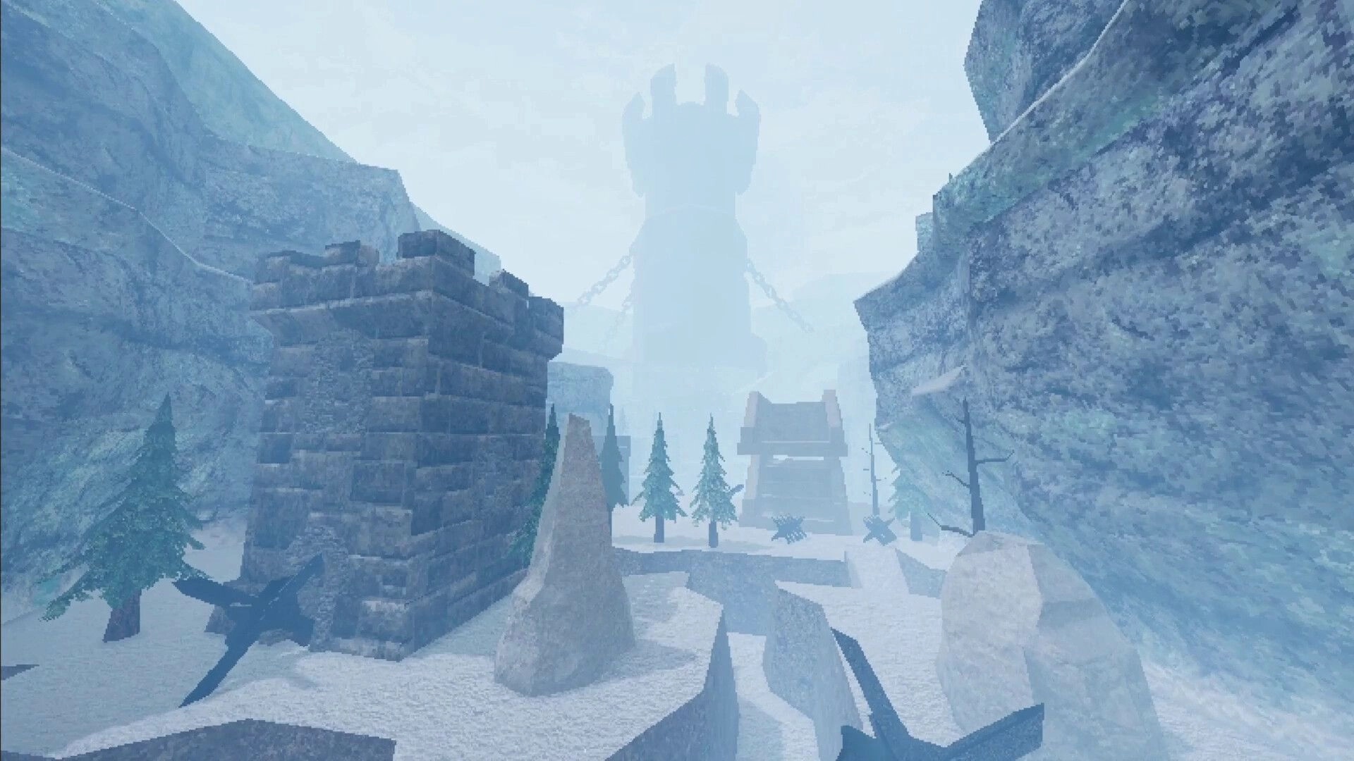 IVOR: Exploring a snowy canyon with stone ruins and a giant chained statue looming in foggy distance.