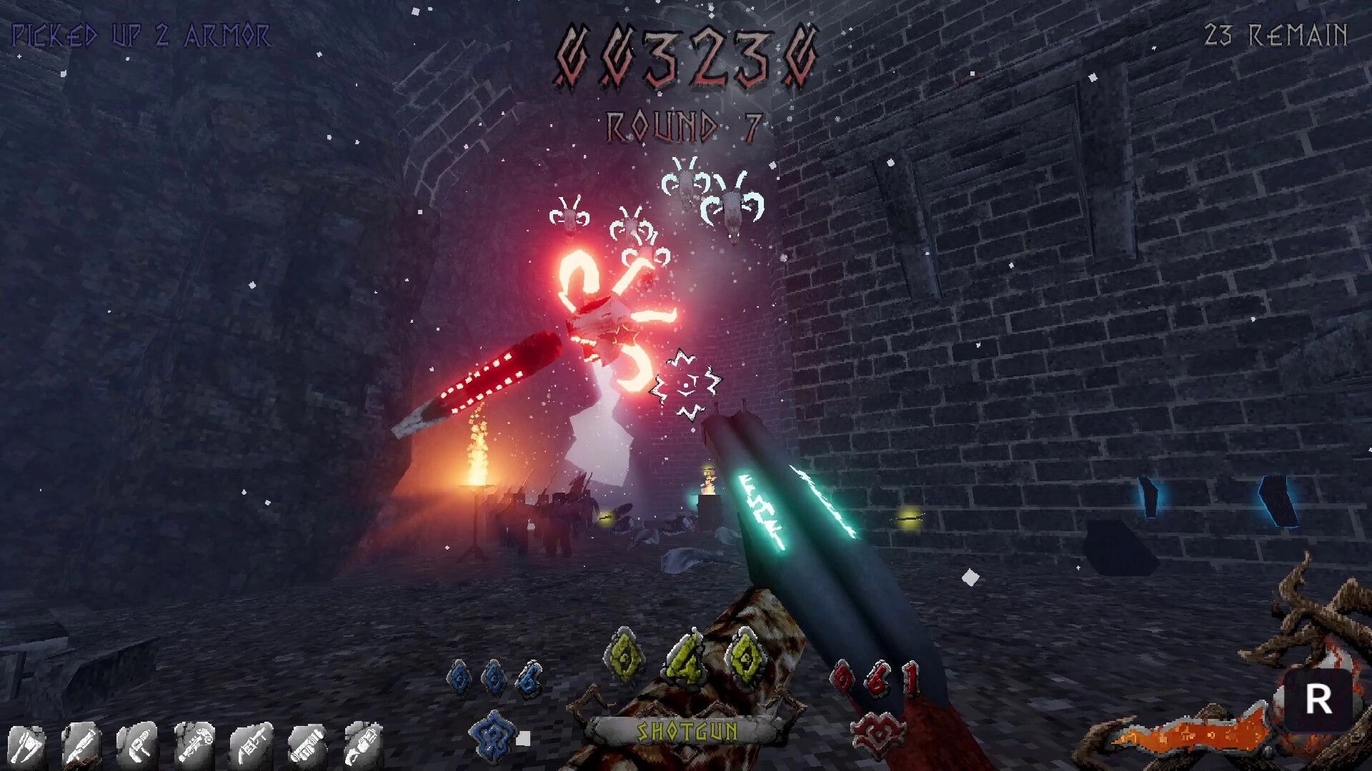 IVOR: Shotgun aimed at glowing red enemy amid snow in stone courtyard, Round 7 timer overhead UI.