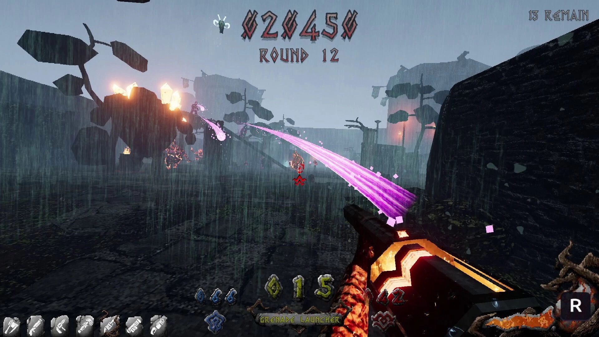 IVOR: Firing grenade launcher with pink beam at enemies in rainy ruins, Round 12 score HUD visible.