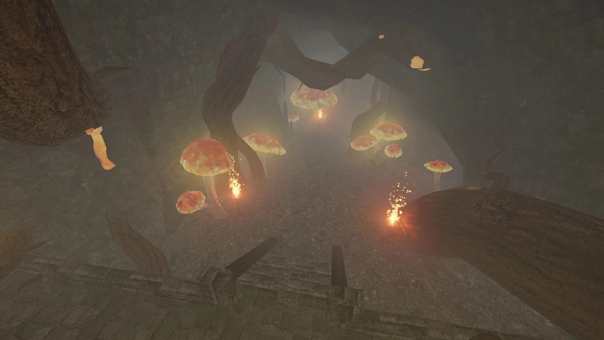 IVOR: Foggy cavern walkway lined with giant mushrooms and glowing fire pits under twisted roots.