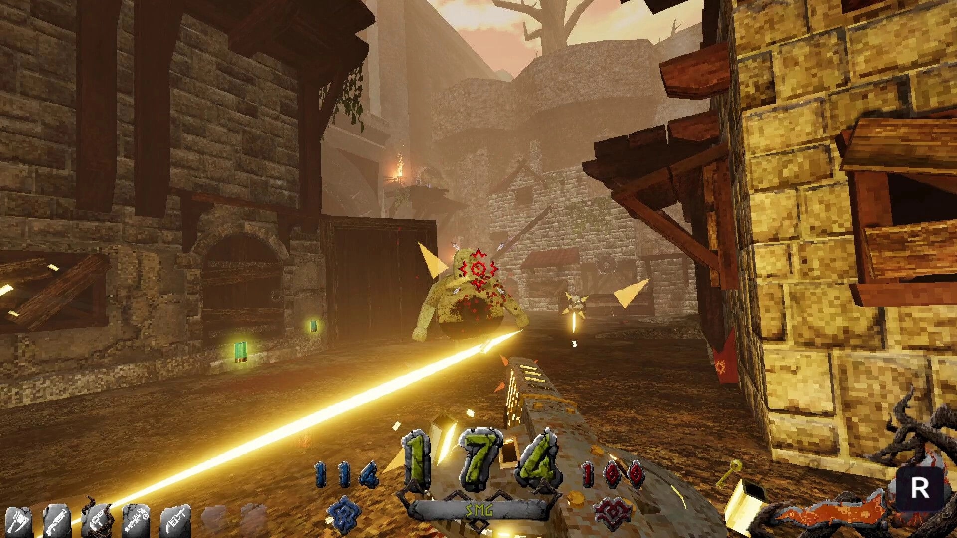 IVOR: Firing an SMG at a hulking undead in a foggy stone village street with ammo and health HUD.
