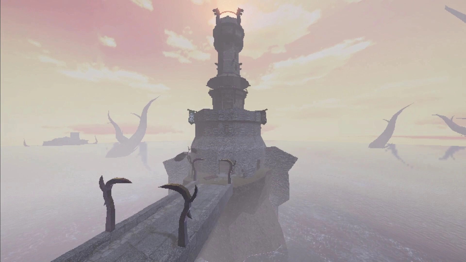 IVOR: First-person view crossing a stone bridge to a tall sea tower amid foggy ocean at dusk.