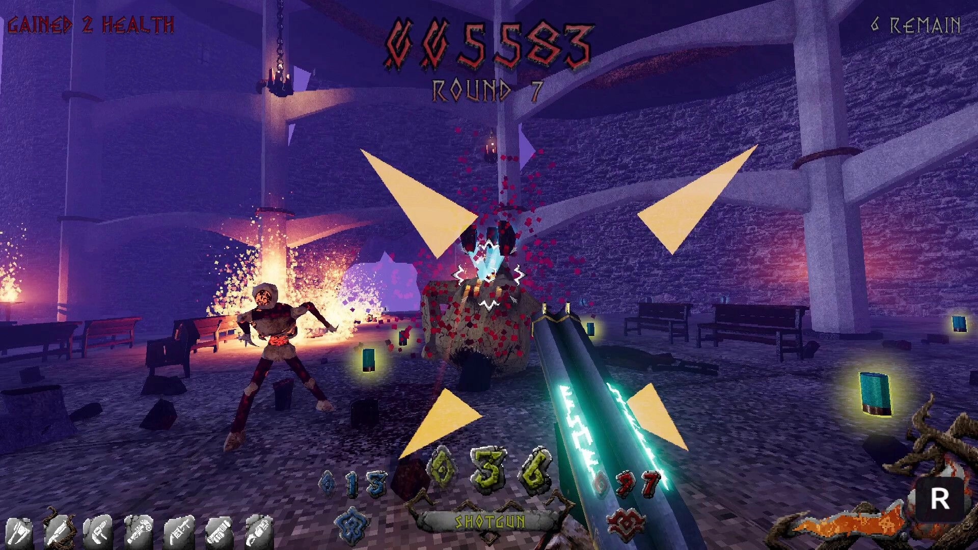 IVOR: Shotgun blasts undead in a torchlit stone arena, Round 7 score and ammo HUD visible.
