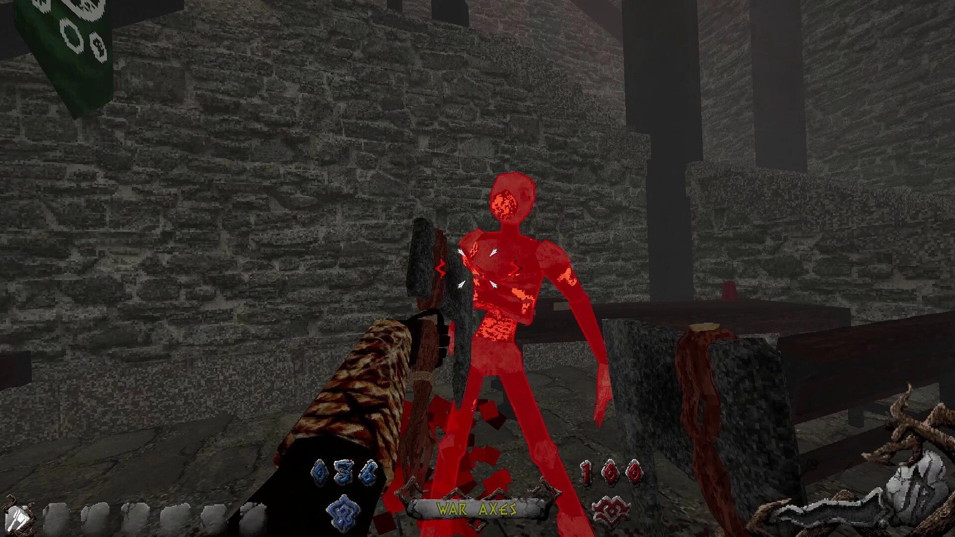 IVOR: First-person axe attack on a glowing red undead in a stone hall with HUD and WAR AXES label.
