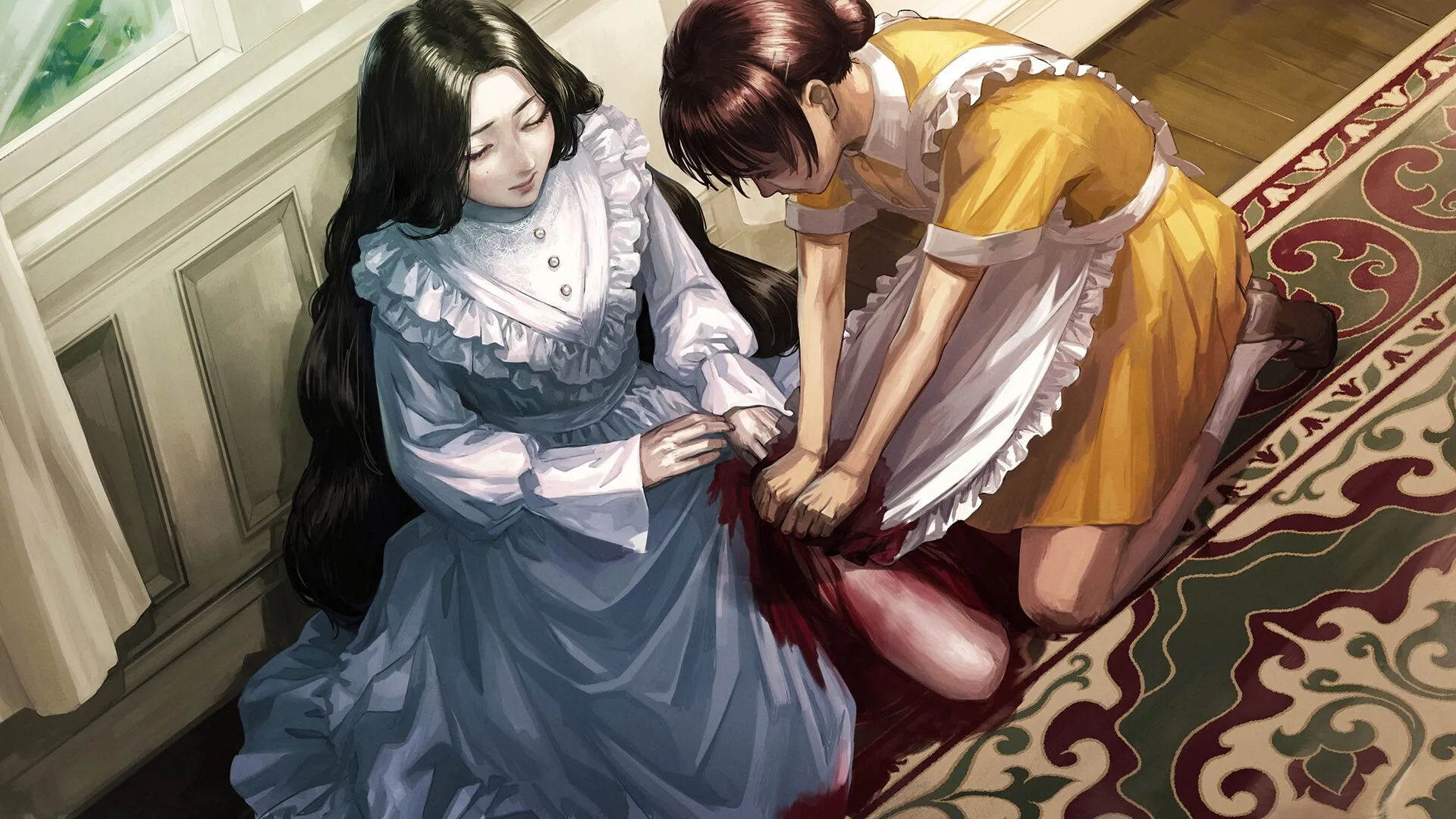 Iwakura Aria: Ichiko tending to injured daughter in elegant mansion room with ornate carpet.