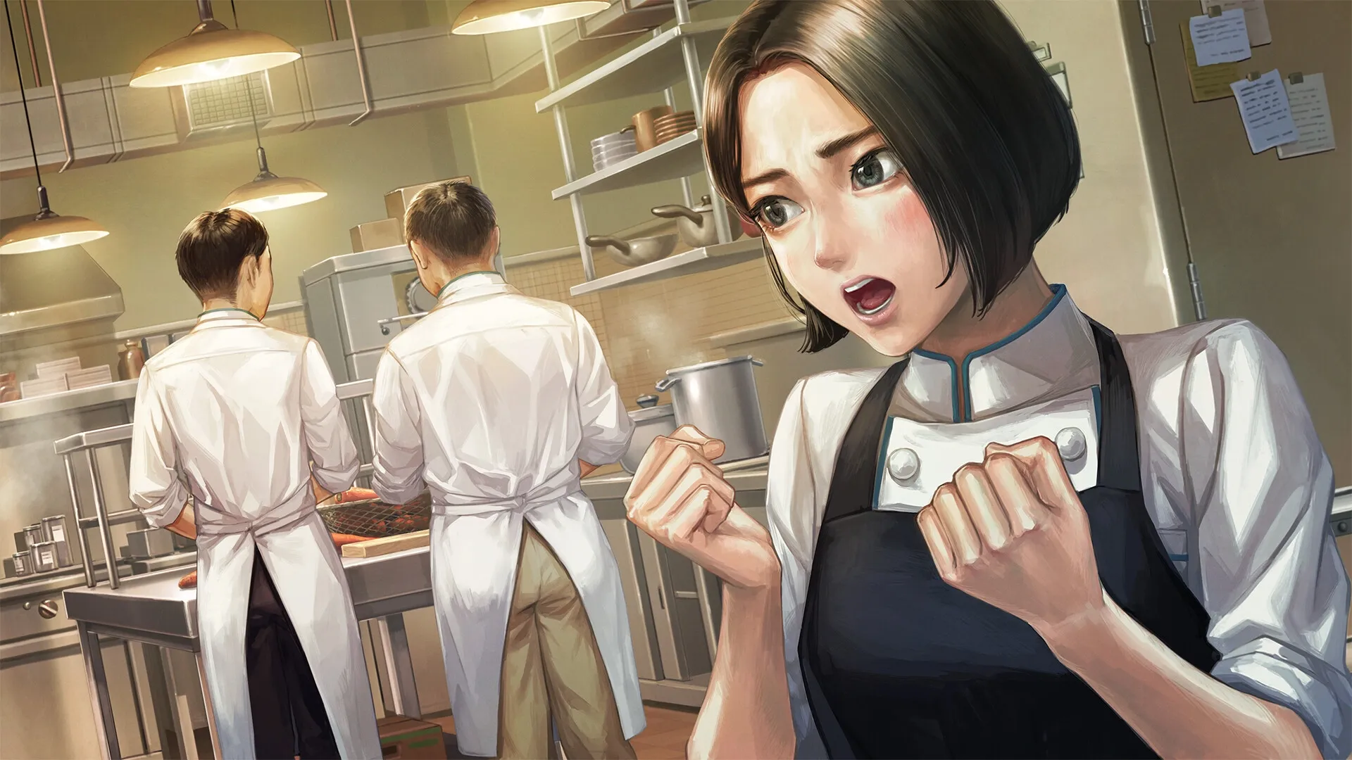 Iwakura Aria: Ichiko, startled, stands in a busy kitchen with two chefs working at a counter nearby.