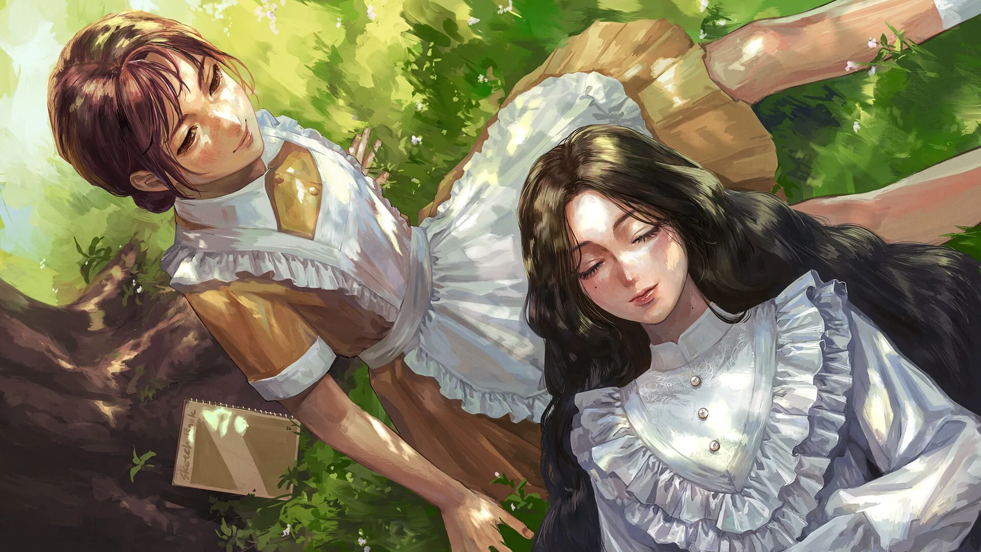 Iwakura Aria: Ichiko and Iwakura daughter resting under a tree with sketchbook in sunny garden.