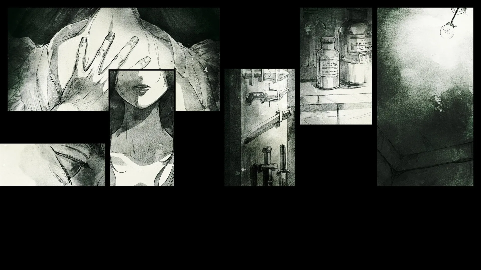 Iwakura Aria: Mysterious fragmented images of a hand, face, bottles, and weapons in a dark setting.