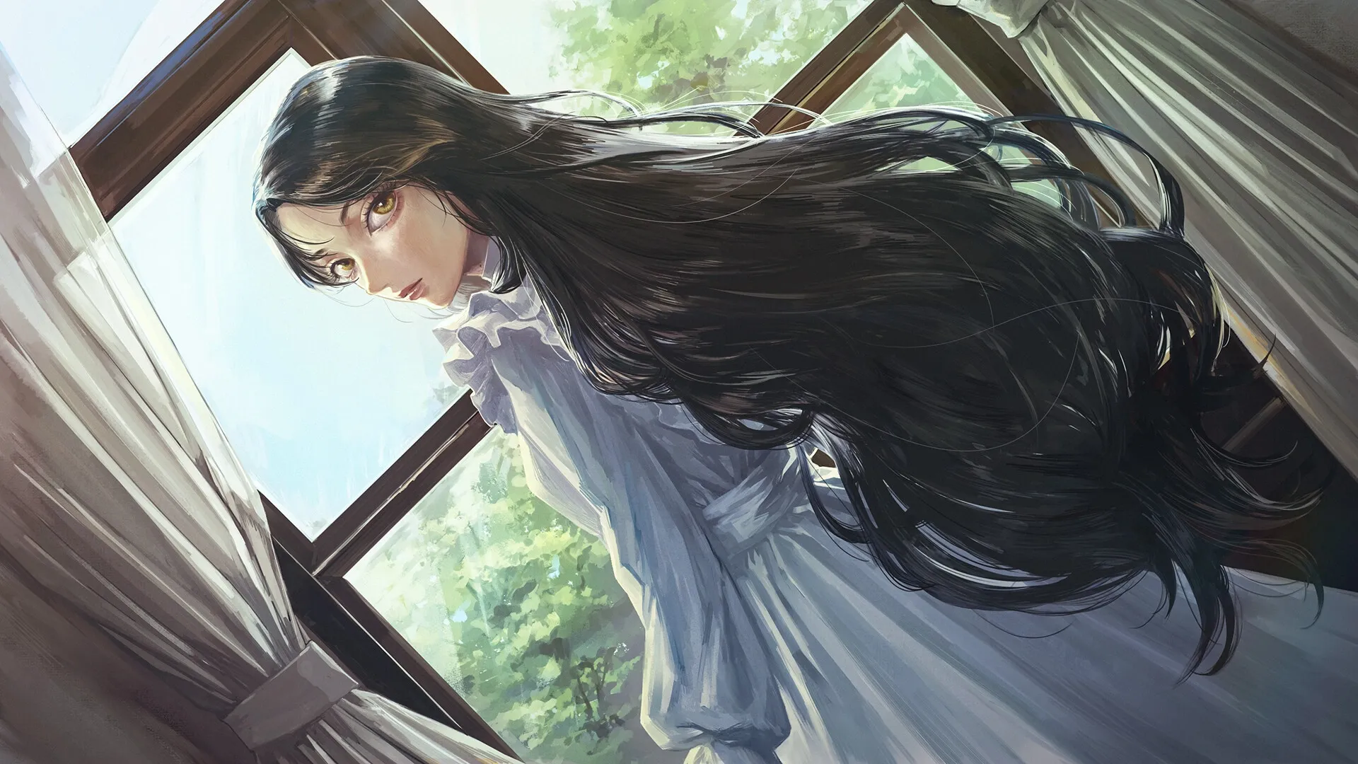 Iwakura Aria: Ichiko gazing out a sunlit window, her long hair flowing, in the Iwakura mansion.