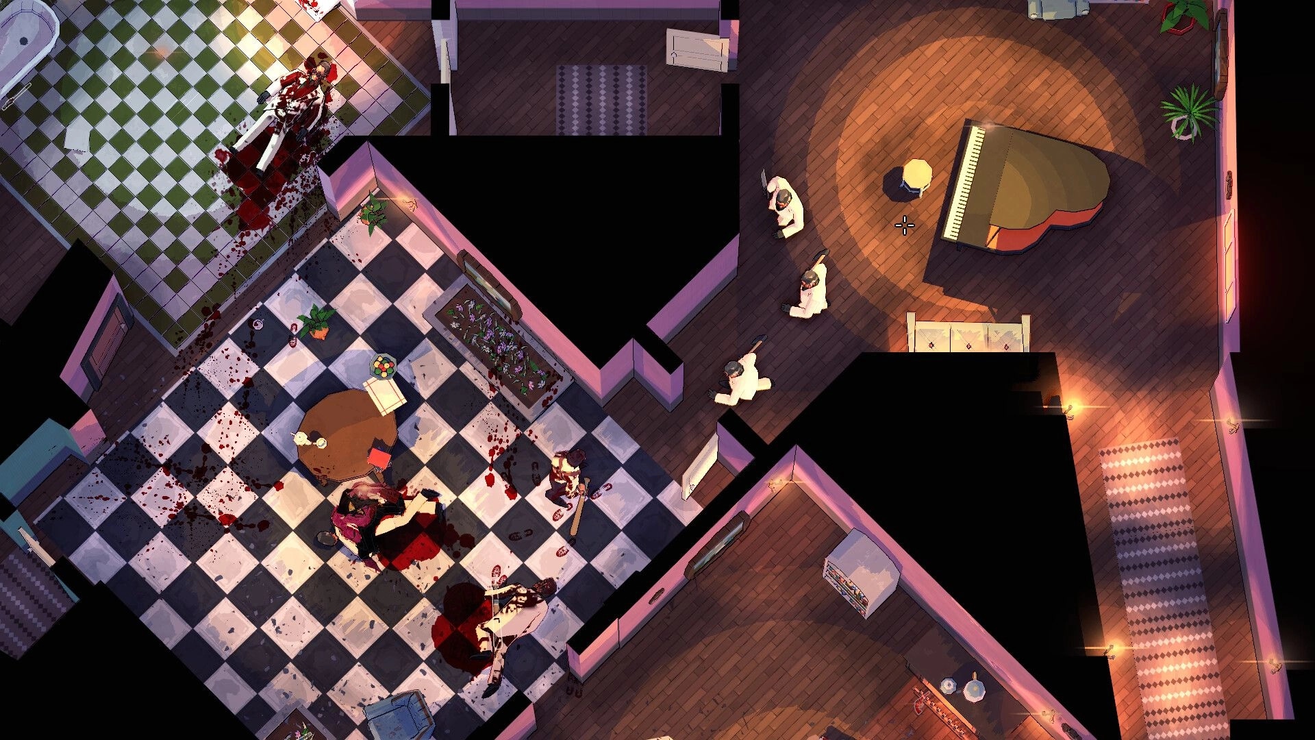Jackal: Top-down view of Vegas hotel with bloody combat scene and mobsters in white suits approaching.