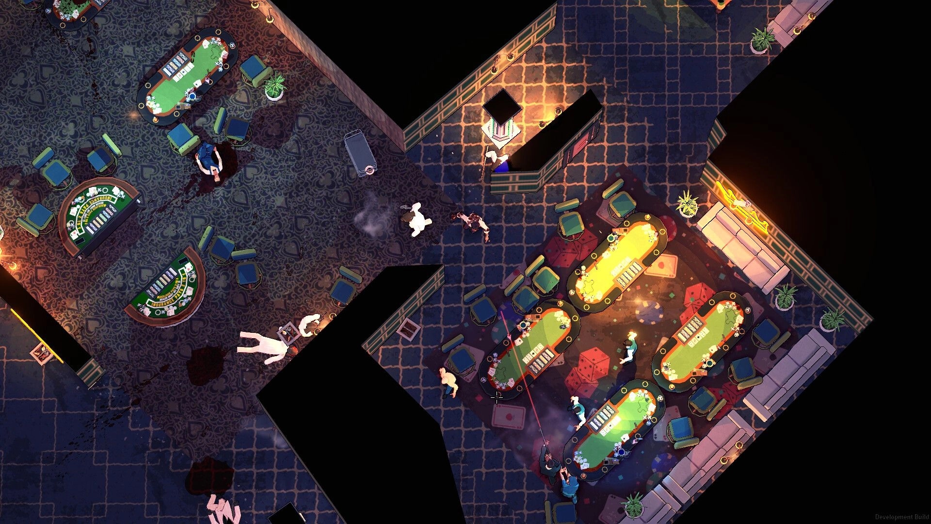 Jackal: Top-down view of characters in combat amidst casino tables and chairs in a dimly lit hotel.