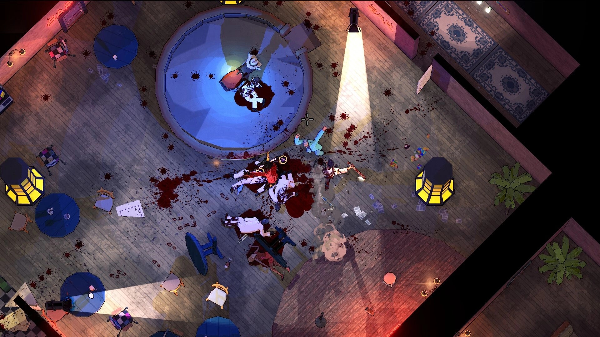Jackal: Top-down view of violent combat scene in a hotel room with blood, bodies, and scattered debris