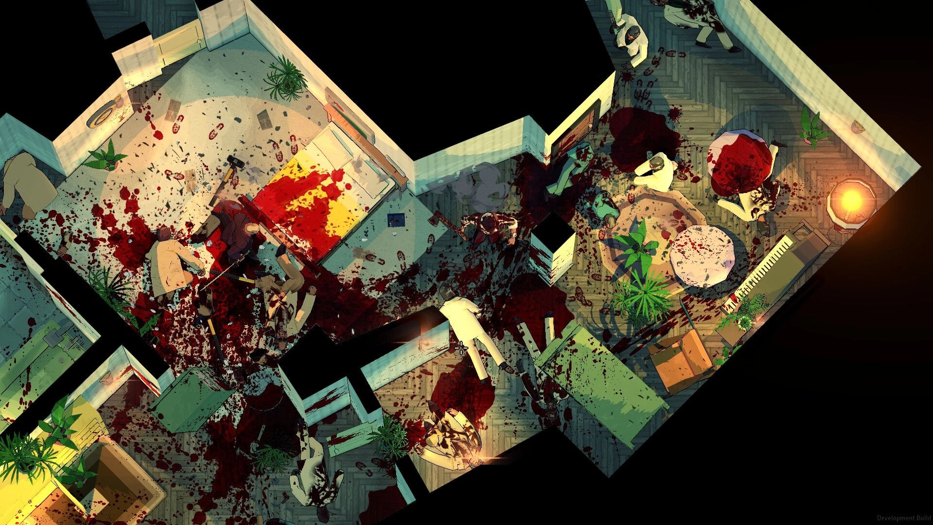 Jackal: Top-down view of blood-soaked hotel room with mobsters and chaotic combat environment.