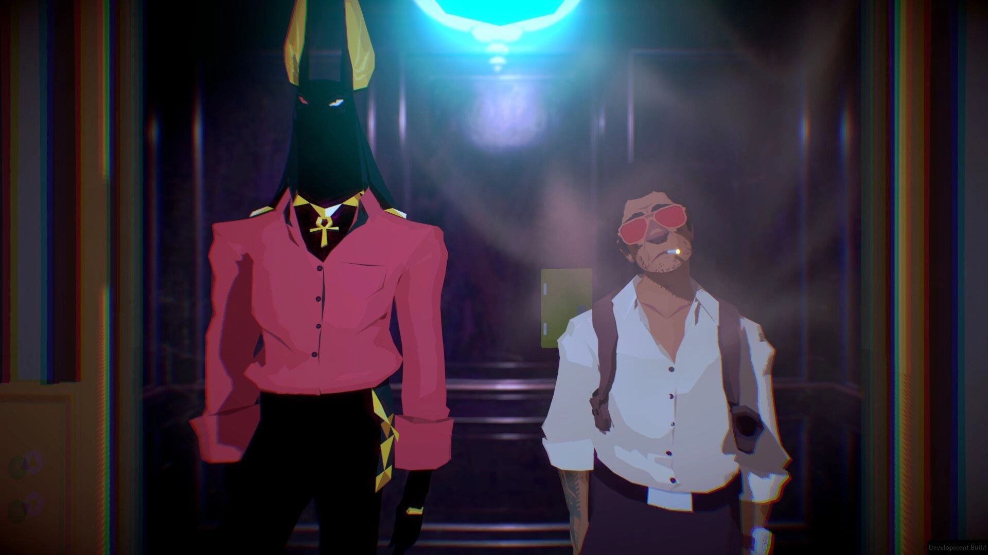 Jackal: Two characters stand in a dimly lit elevator with a neon light above, one in a mask, one smoking.