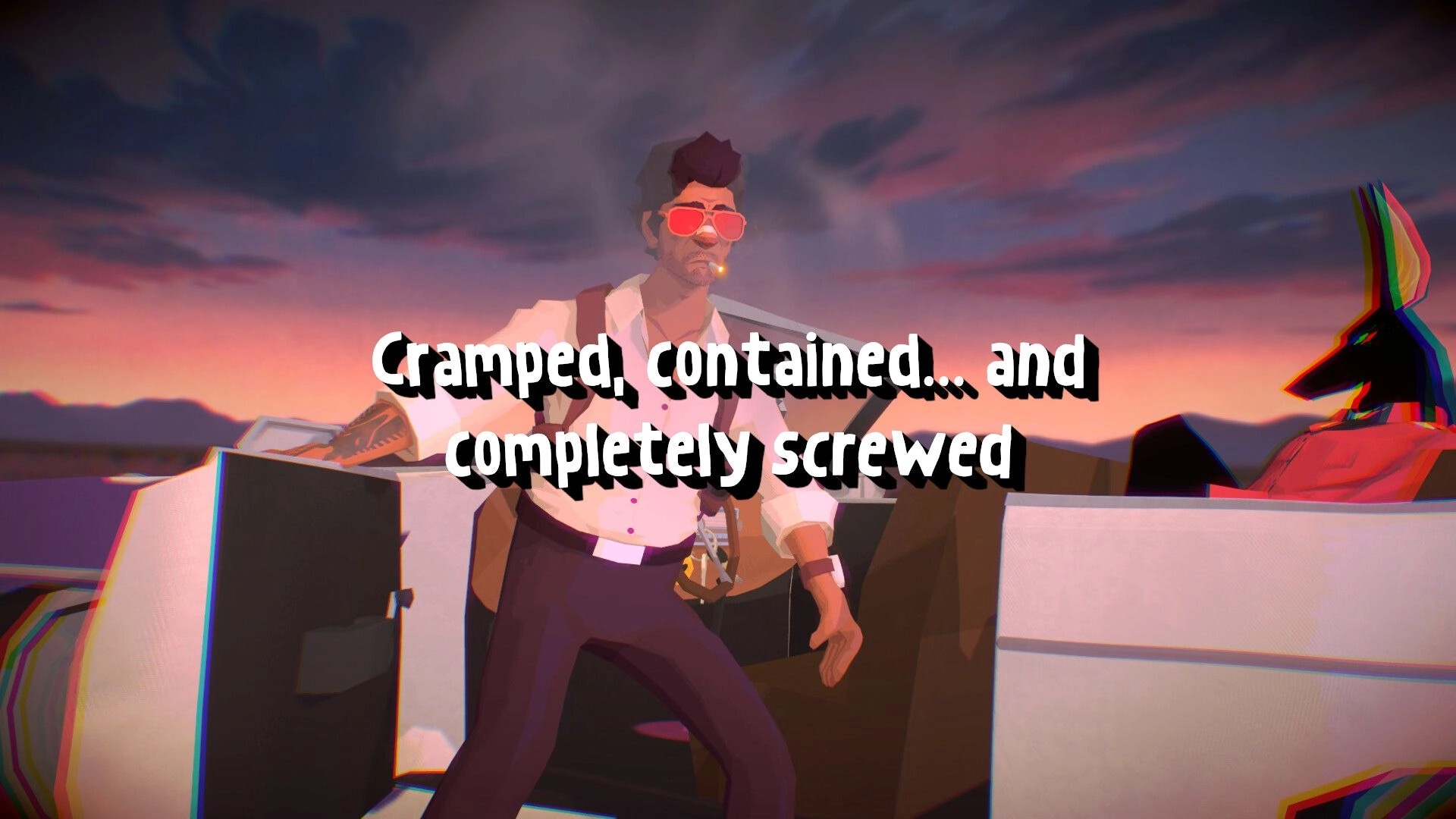 Jackal: Character with sunglasses stands in a car, desert sunset in background, text overlay visible.
