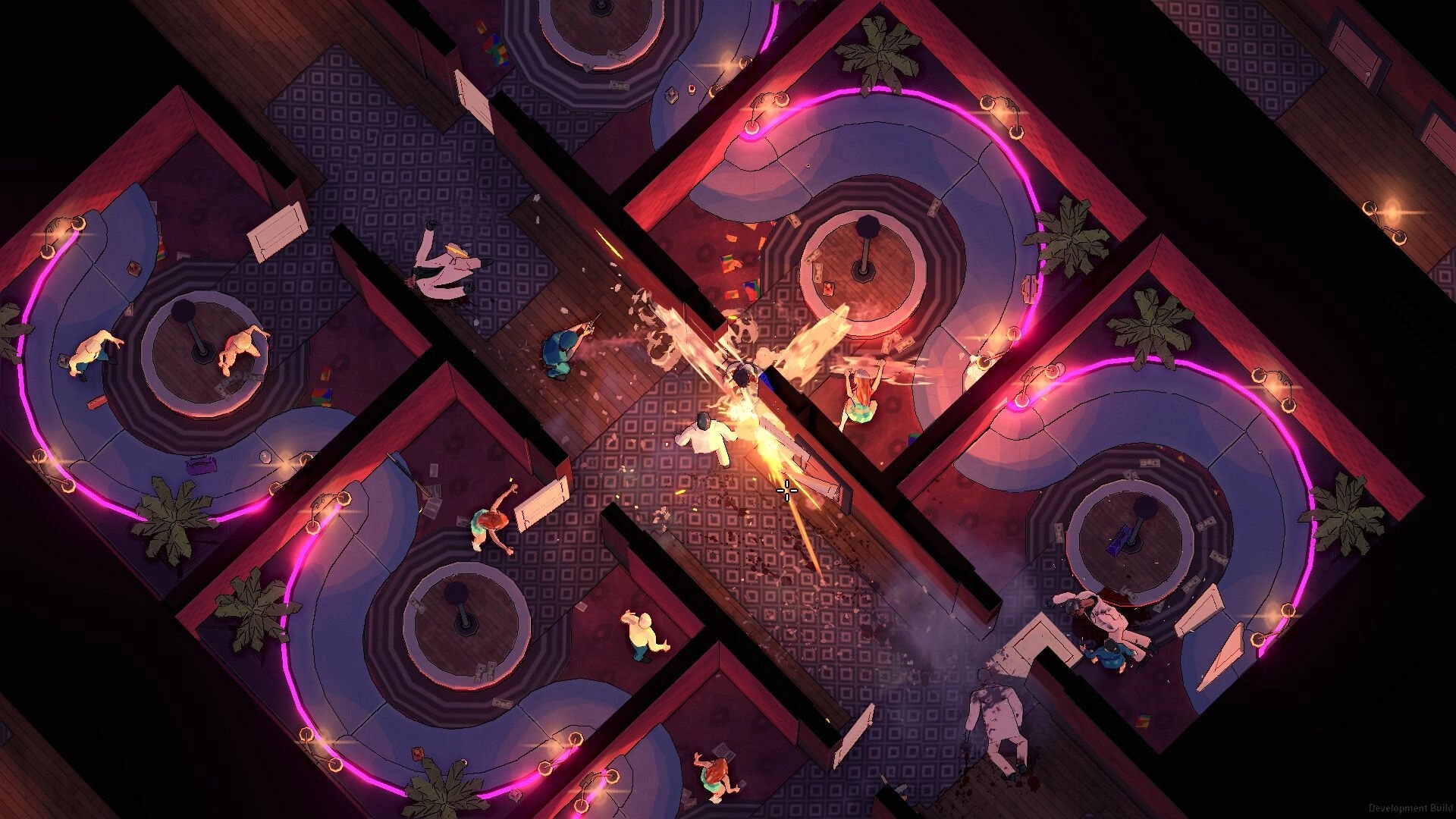 Jackal: Intense firefight in 1970s Vegas hotel hallway with neon lights and multiple enemies engaged