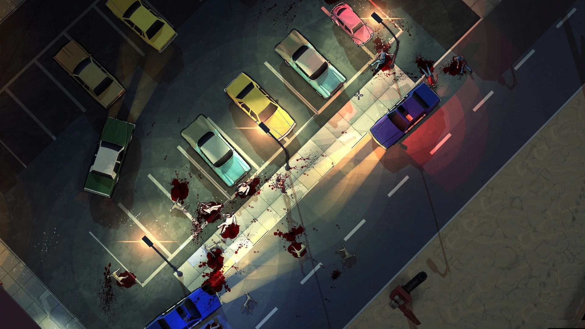 Jackal: Top-down view of a bloody street with parked cars and scattered bodies in a violent raid scene