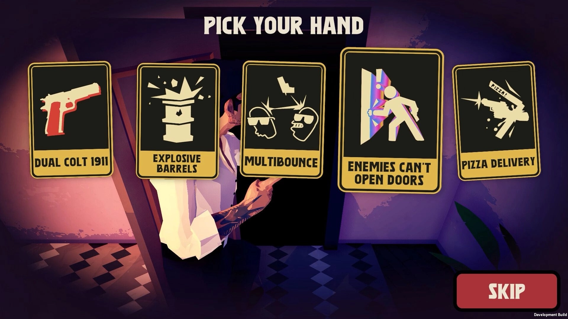 Jackal: Player choosing a power-up card from options like "Dual Colt 1911" and "Enemies Can't Open Doors"
