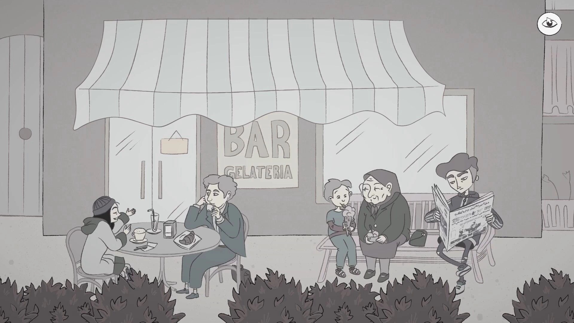 Jacmena: Townsfolk eating gelato and reading a newspaper outside a bar gelateria under an awning.