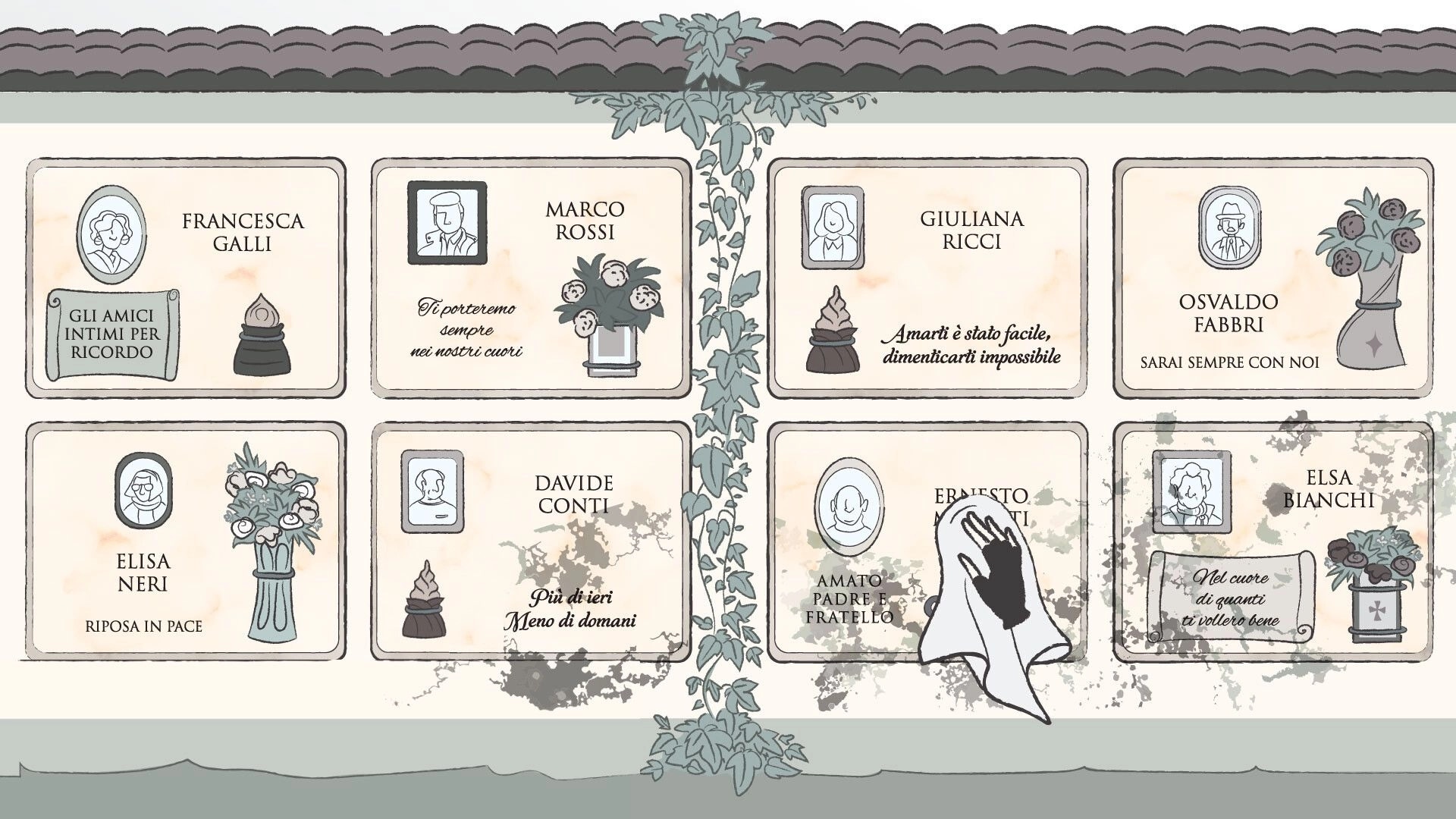 Jacmena: Hand wipes a stained memorial plaque wall with framed portraits and Italian epitaphs in cemetery.