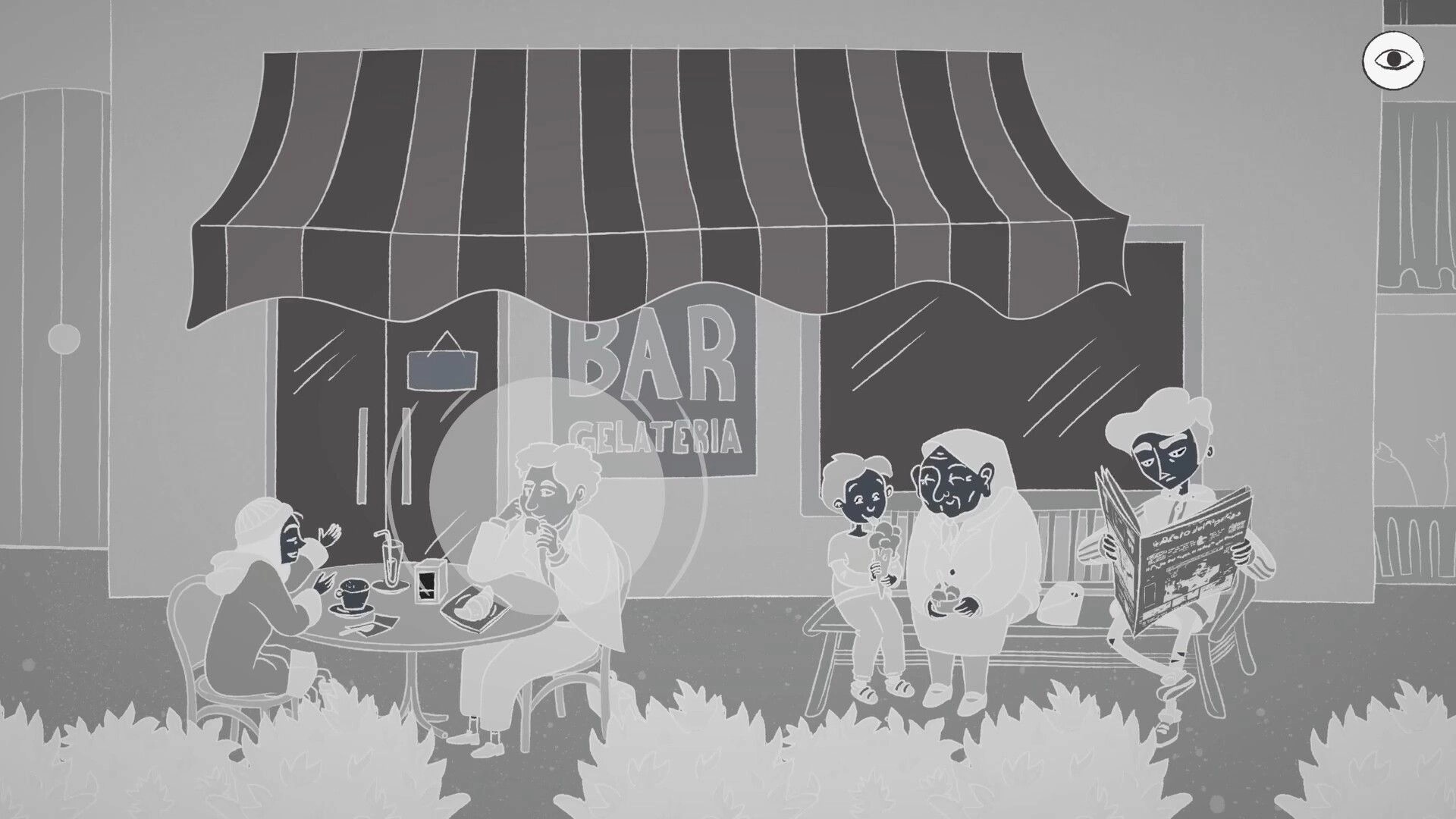 Jacmena: Townsfolk eat gelato and read at outdoor tables outside a bar gelateria, eye icon top right.