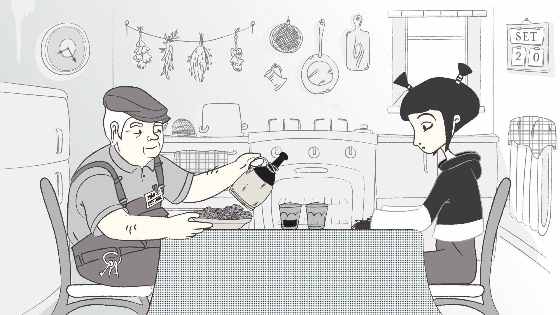 Jacmena: Zvan pours a drink for Jacmena at a table in a small kitchen with stove and hanging herbs.