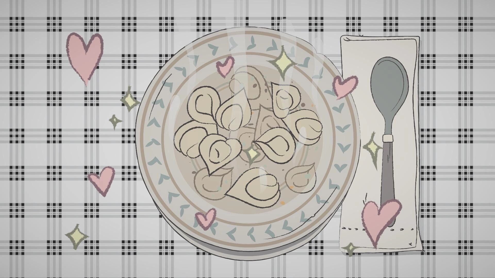 Jacmena: Plate of pasta with sparkles and hearts beside a spoon on a plaid tablecloth background.
