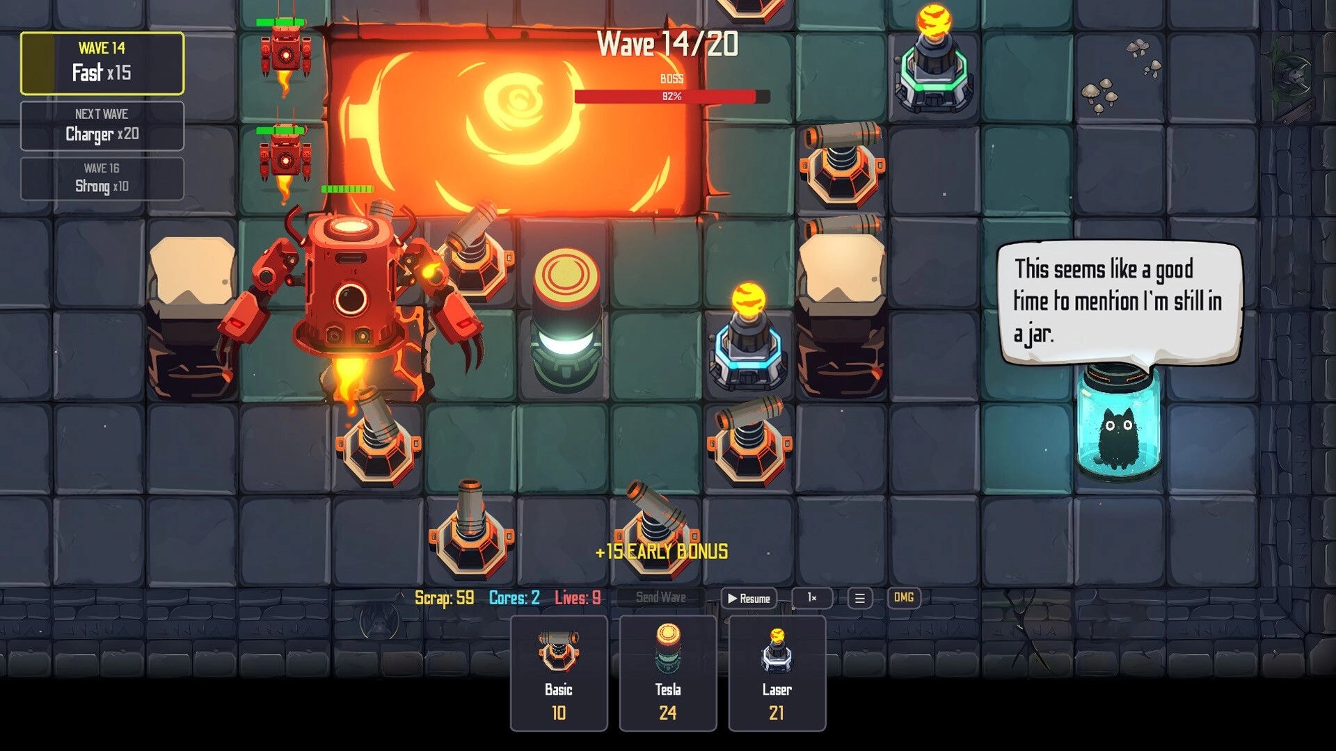 Jarred Defense: Wave 14 boss fight with turrets and lava tile maze, cat-in-jar dialogue on right.