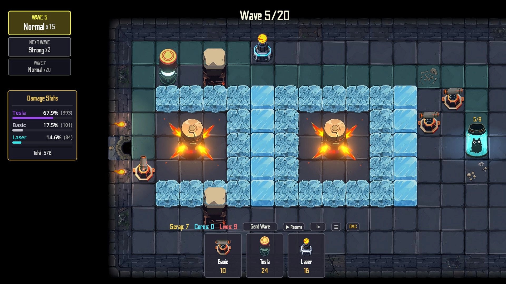 Jarred Defense: Wave 5 maze with ice paths and turrets firing, damage stats panel in dungeon grid map.