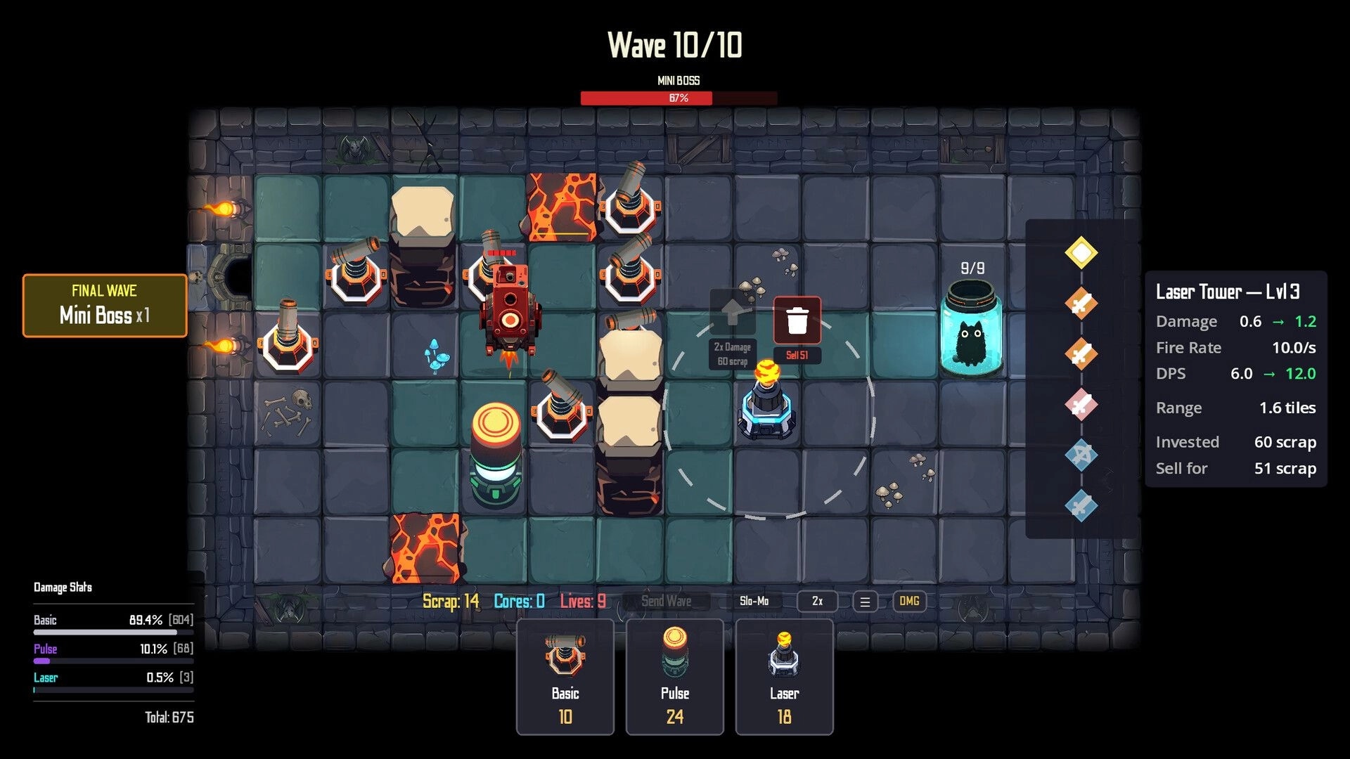 Jarred Defense: Final wave mini boss with laser towers selected in a dungeon grid maze with jarred cat UI.