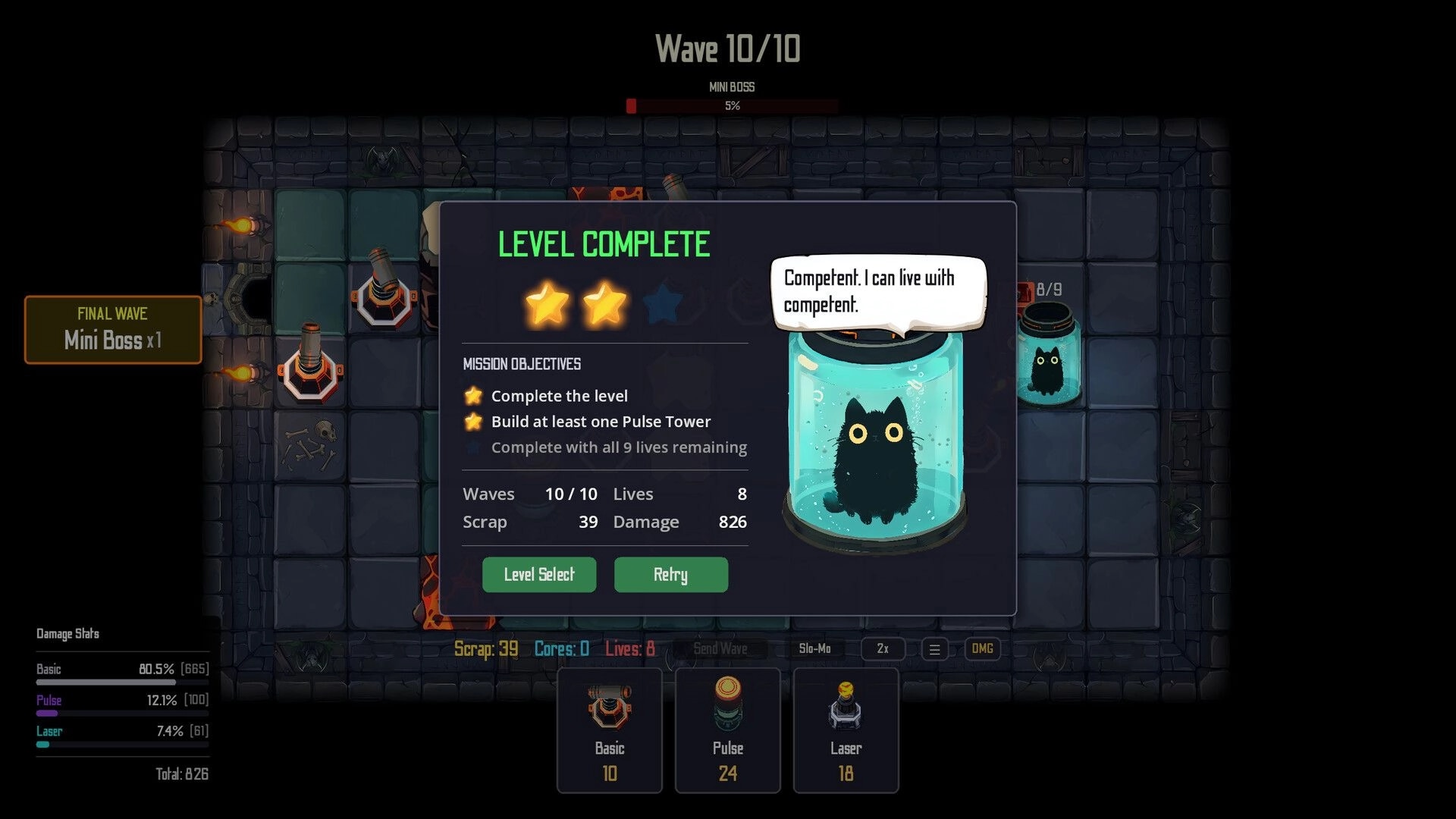 Jarred Defense: Level complete results with star rating and cat-in-jar dialogue over dungeon grid map.