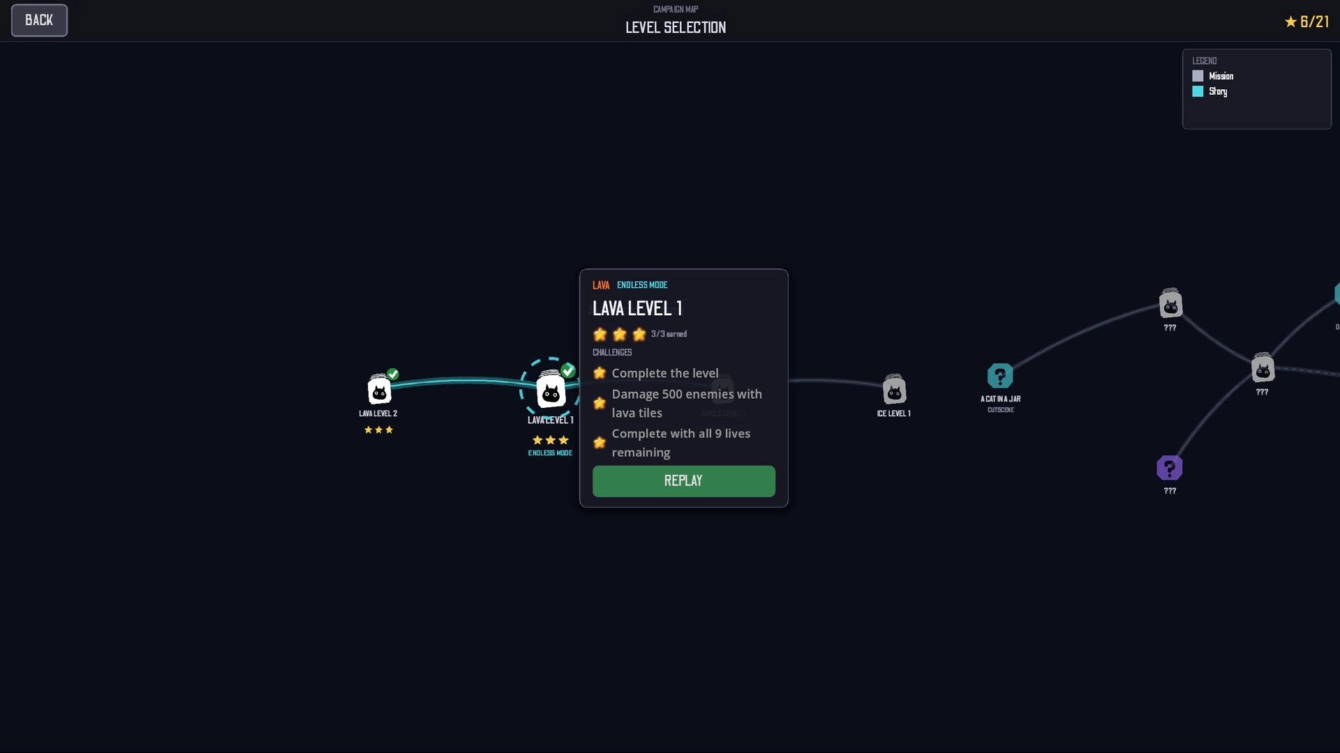Jarred Defense: Level selection campaign map highlighting Lava Level 1 challenges and Replay button UI.