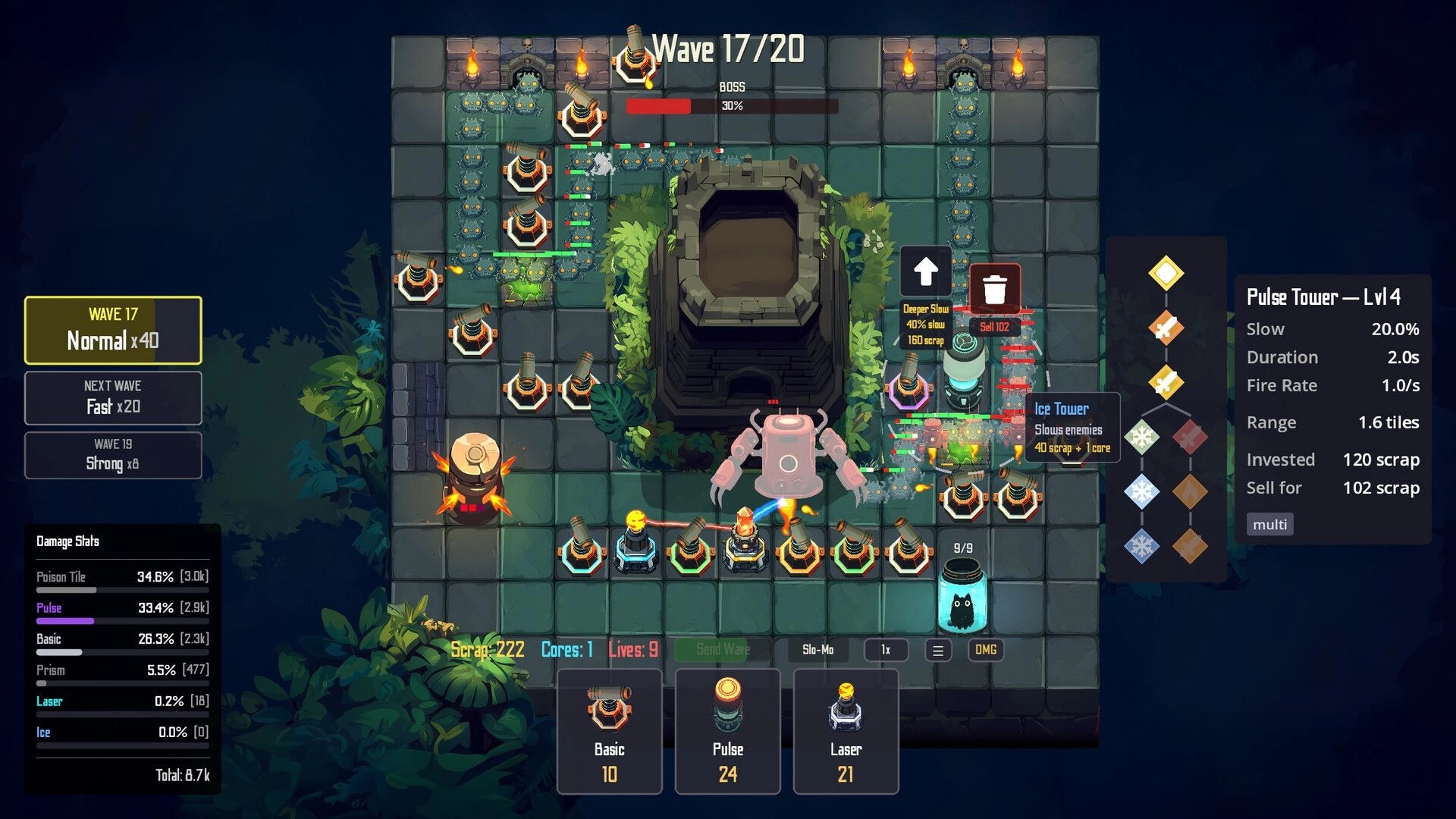 Jarred Defense: Wave 17 boss fight with maze towers and Pulse Tower upgrade panel on jungle grid map.