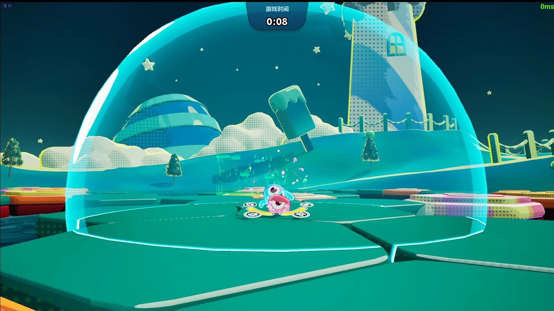 Jelly Bubble: Jelly Monster in a dome arena with icy mountains and trees in a vibrant, colorful setting