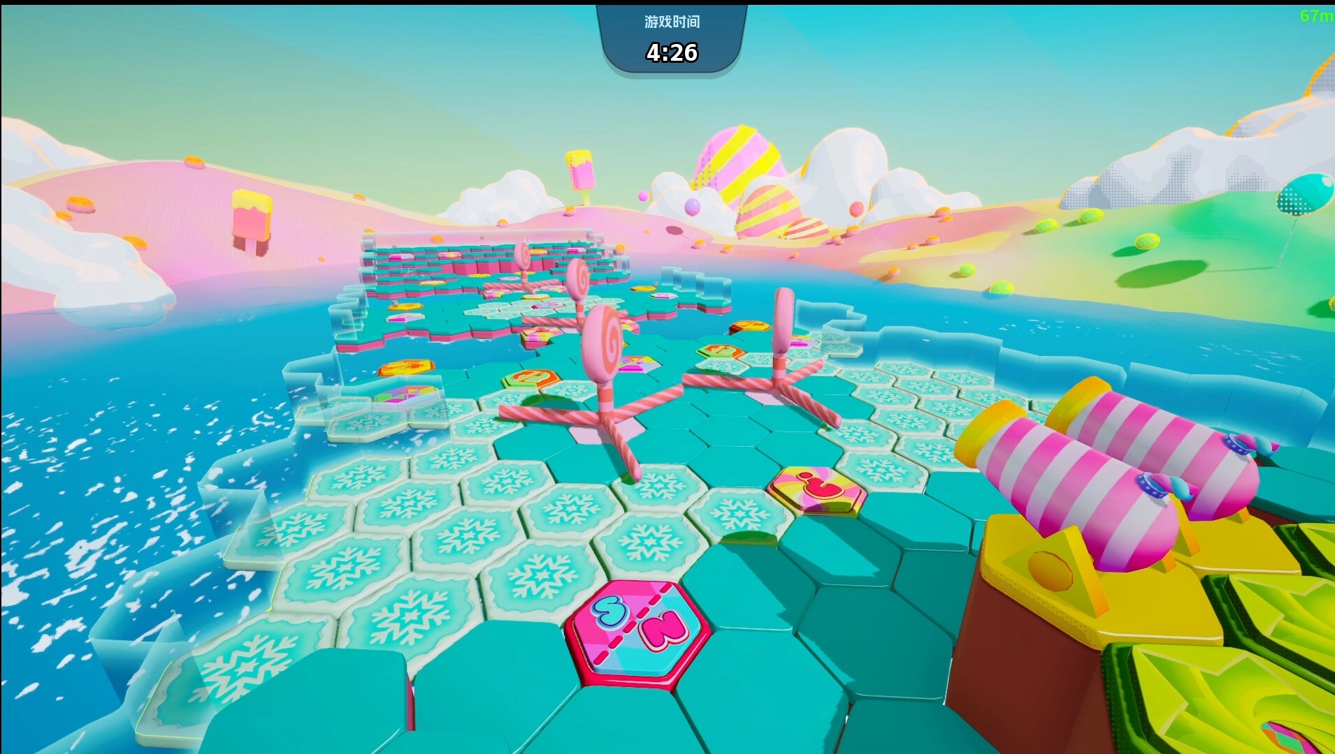Jelly Bubble: Hexagonal ice platform path with lollipop obstacles in colorful candy landscape