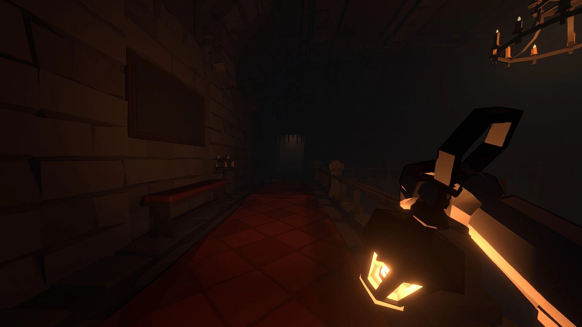 Jester: Dimly lit corridor in a castle with a knight holding a lantern, casting shadows on stone walls.