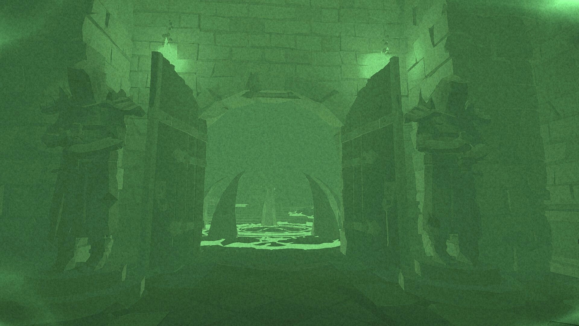 Jester: Dark castle corridor with stone statues and eerie green glow illuminating the ancient hallway