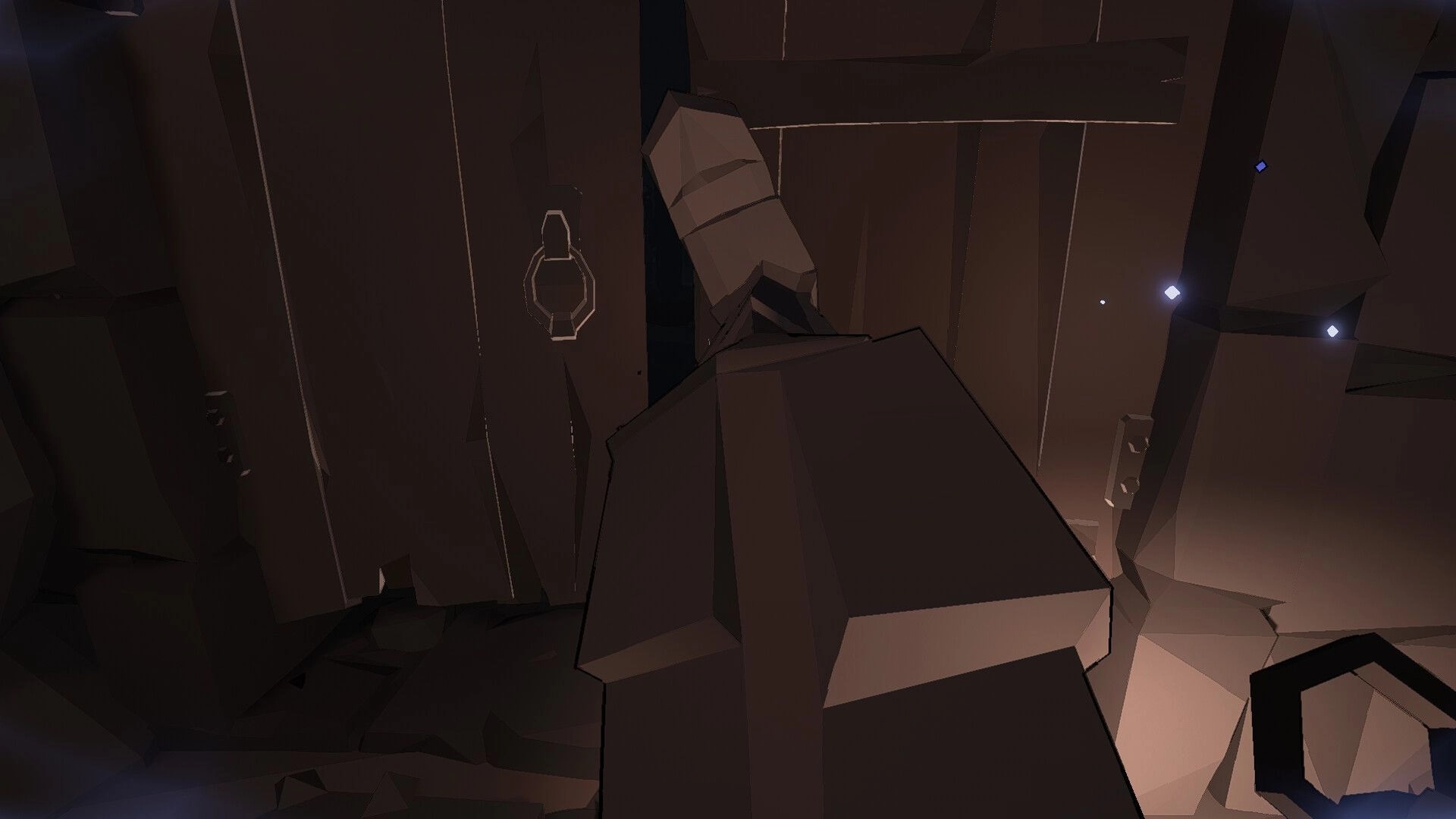Jester: First-person view of knight's hand reaching for door handle in dimly lit stone corridor.
