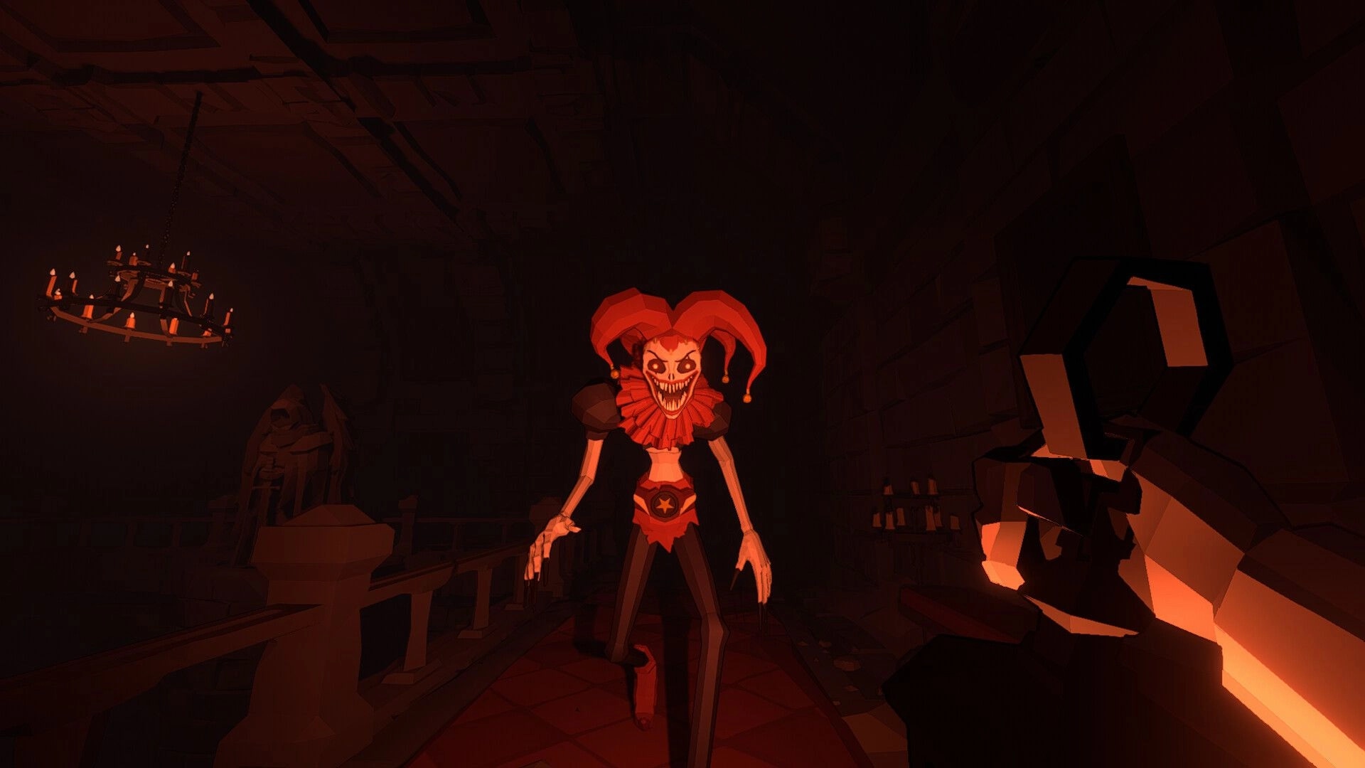 Jester: Player aiming a weapon at approaching jester in dimly lit corridor of an abandoned castle
