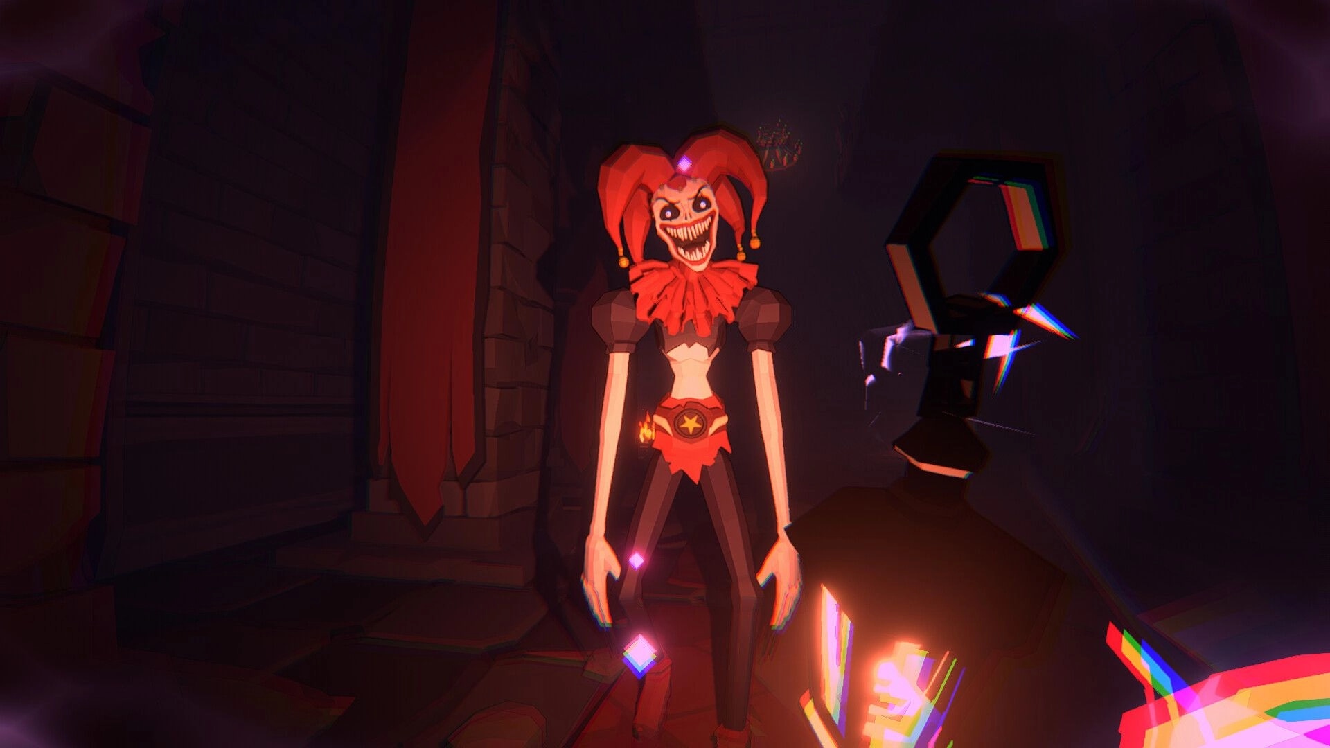 Jester: Creepy jester confronts player in dark castle corridor, holding a lantern for dim light