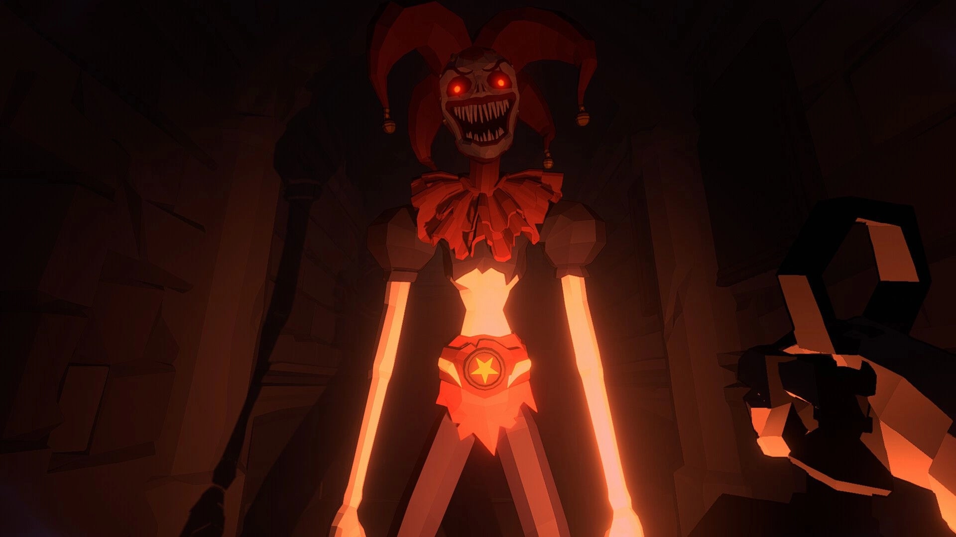 Jester: Menacing jester with glowing eyes confronts player in dimly lit castle corridor.