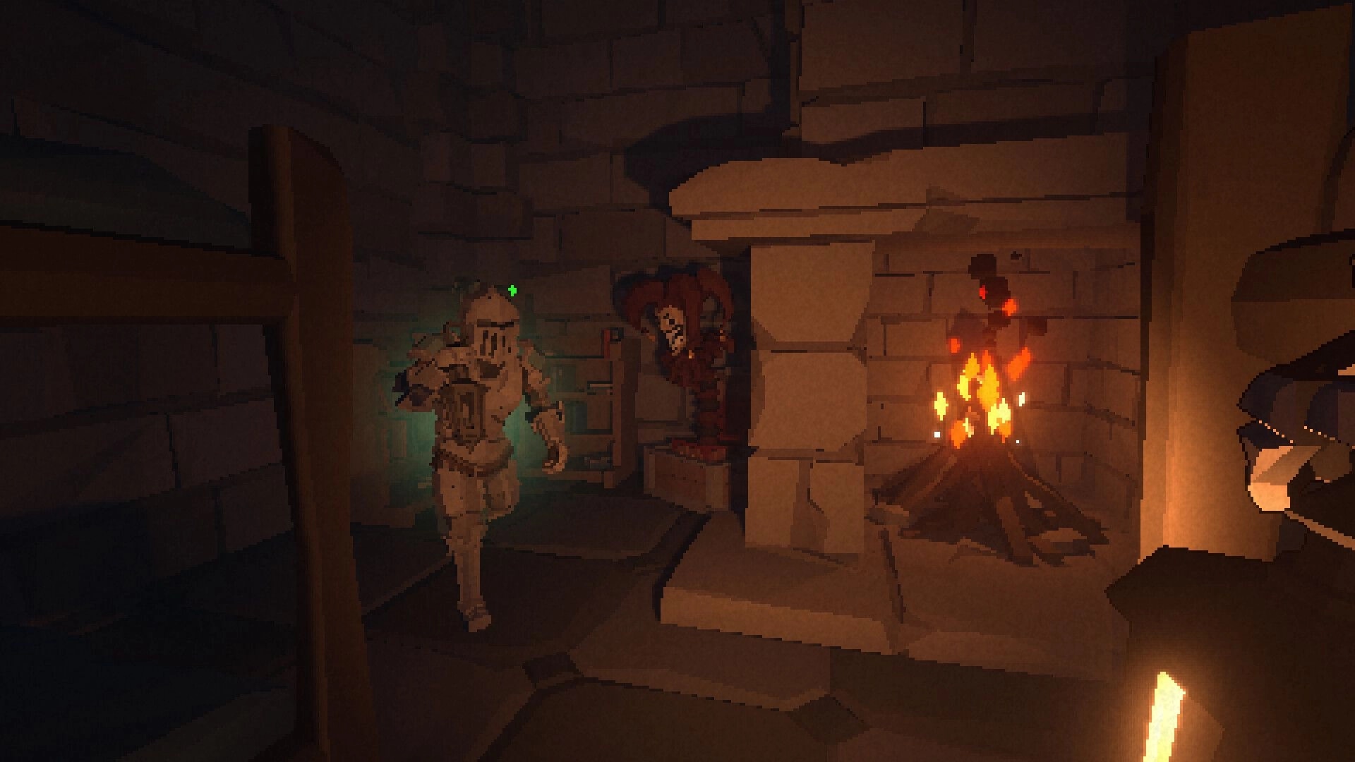 Jester: A knight cautiously explores a dimly lit stone chamber with a fireplace and lurking jester nearby.