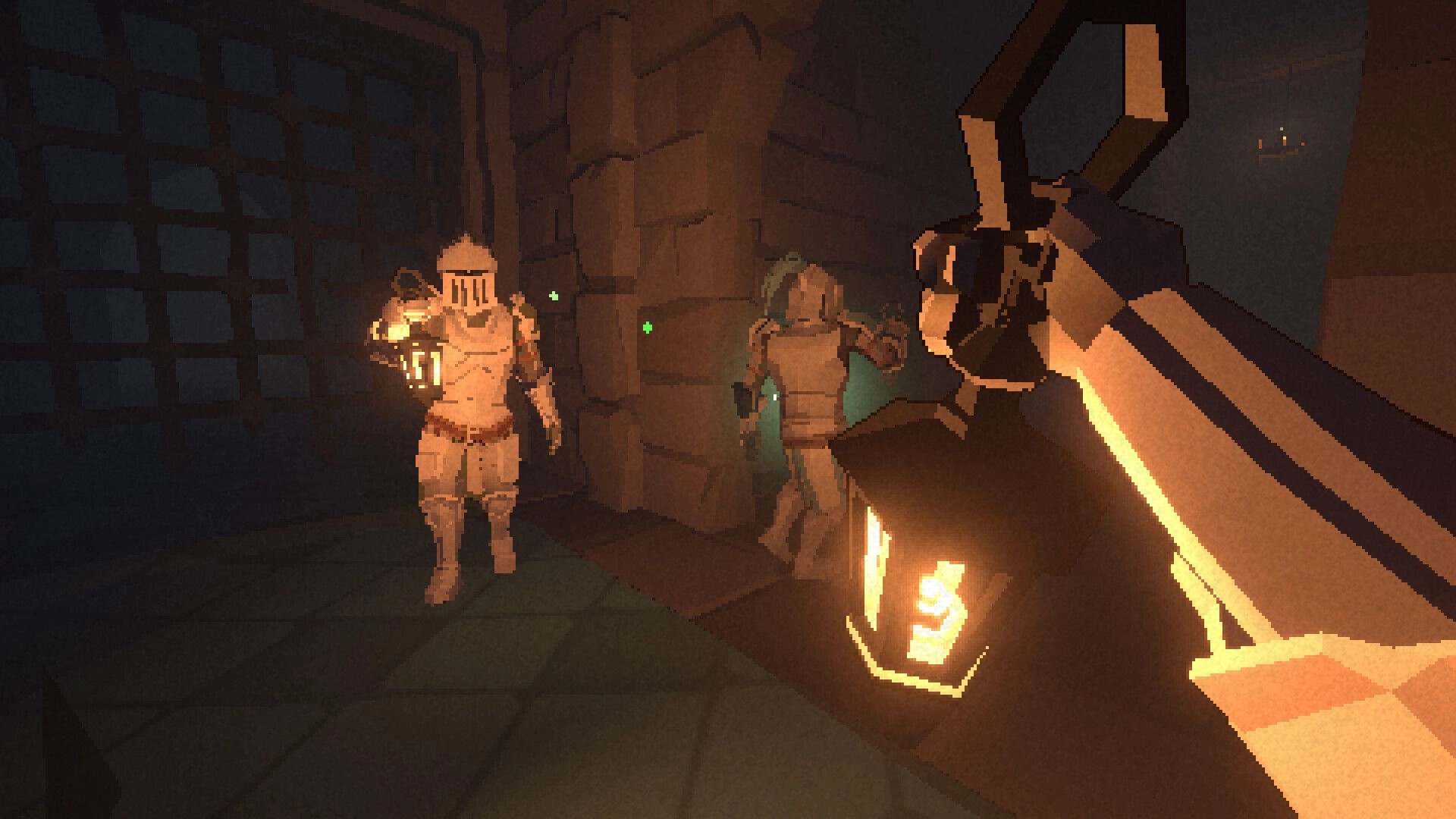 Jester: Two knights hold lanterns in a dimly lit castle corridor, preparing for the survival ritual.
